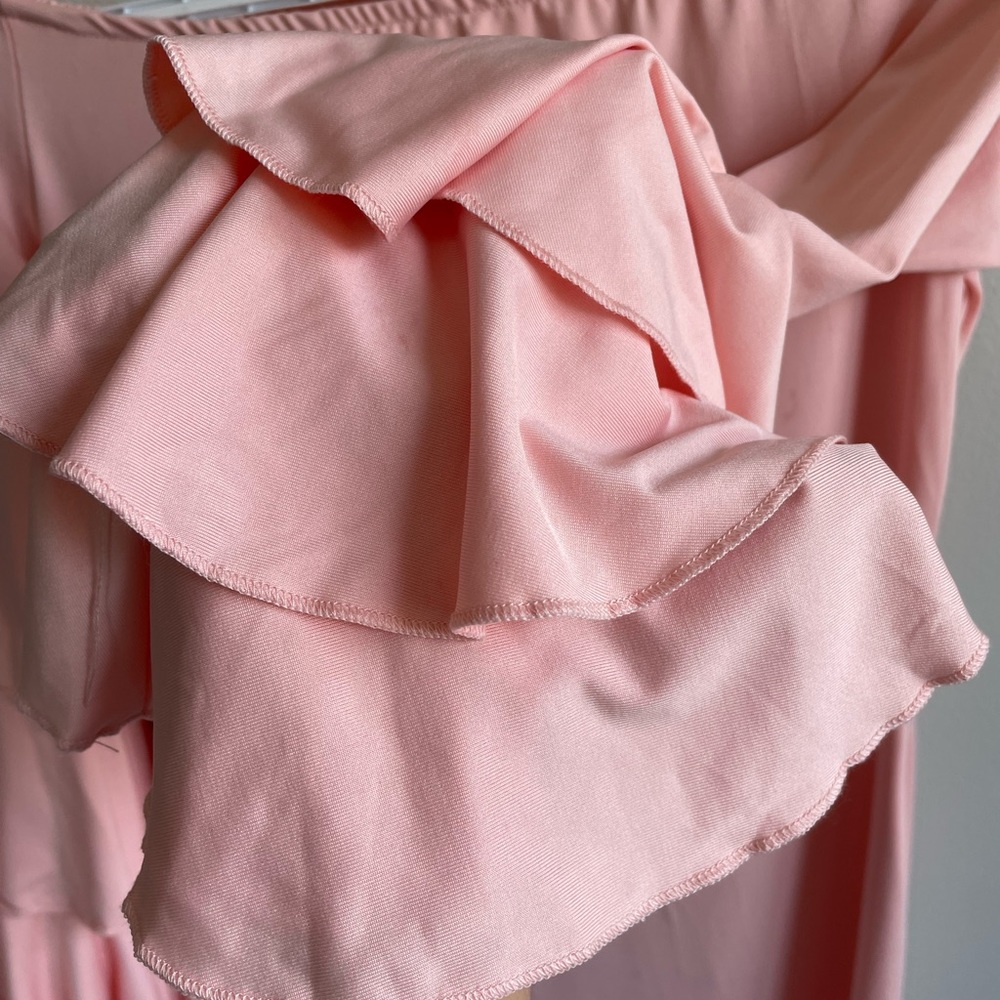 PINK OFF THE SHOULDER LONG SLEEVE DRESS PEASANT STYLE RUFFLES FITTED STRETCH - Picture 5 of 5